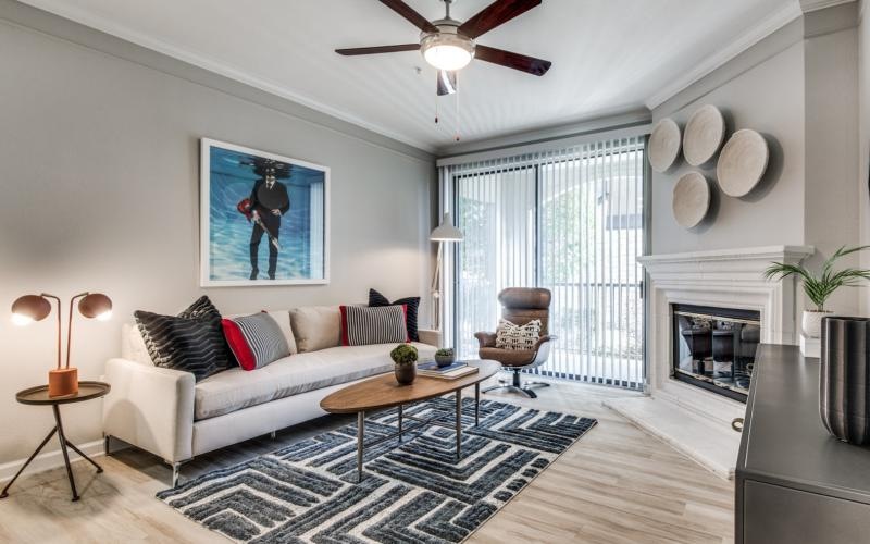a living room with a fireplace